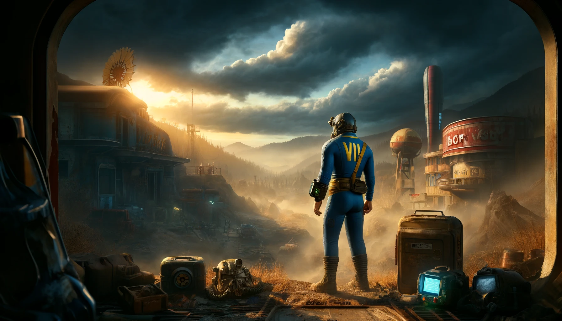DALL·E 2024 04 15 16.28.40 A cinematic and detailed image of a post apocalyptic landscape inspired by the Fallout video game series. The scene depicts a vast wasteland under a d 1 1