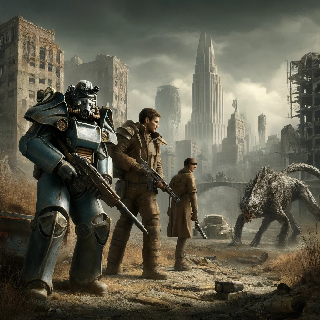 DALL·E 2024 04 16 23.14.56 A realistic and artistic interpretation of the main characters from the Fallout TV series standing in a well known location from the Fallout game. The 1 1