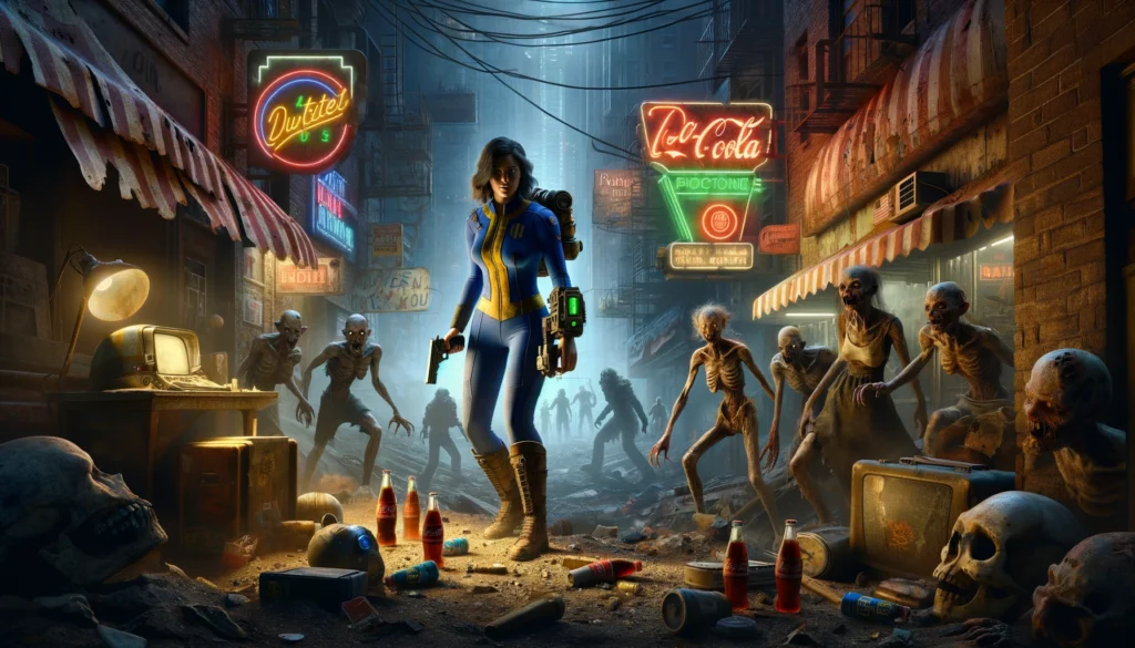 DALL·E 2024 04 18 02.16.40 A digital artwork depicting a post apocalyptic urban setting inspired by the Fallout series. The female protagonist resembling a generic character fr 1 2