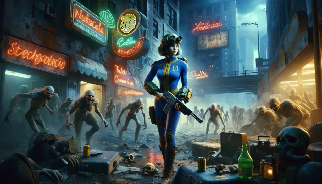 DALL·E 2024 04 18 02.16.42 A digital artwork depicting a post apocalyptic urban setting inspired by the Fallout series. The female protagonist resembling a generic character fr 1 2