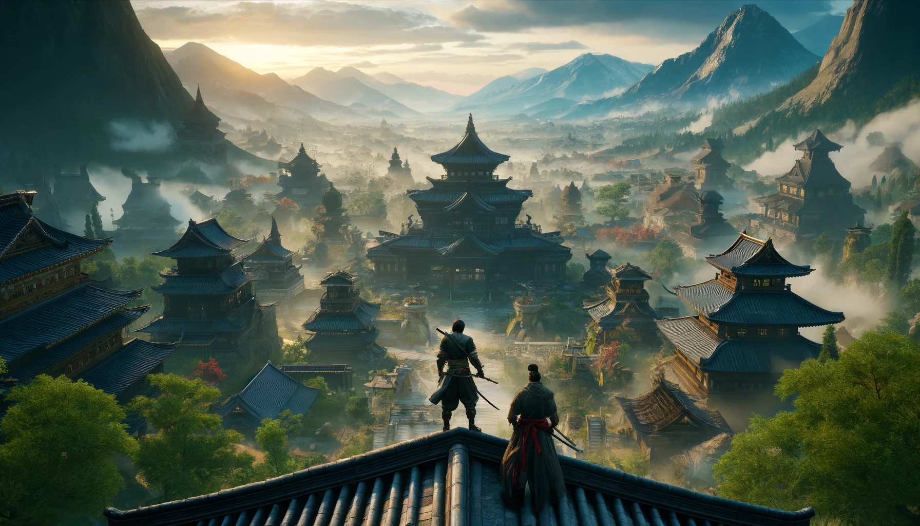 DALL·E 2024 05 16 22.49.42 A dynamic and detailed scene of a shinobi and a samurai standing on a rooftop in feudal Japan overlooking a vast immersive landscape with traditiona 1