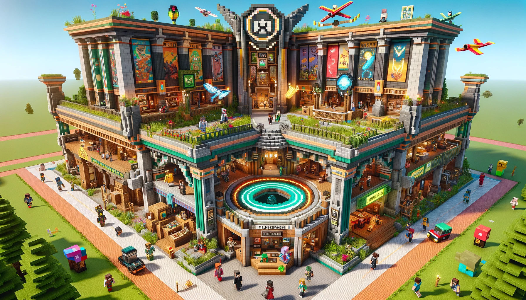 DALL·E 2024 05 20 23.30.45 A vibrant Minecraft scene showcasing a museum like structure with various themed exhibits. The structure is made of different materials like stone wo 1