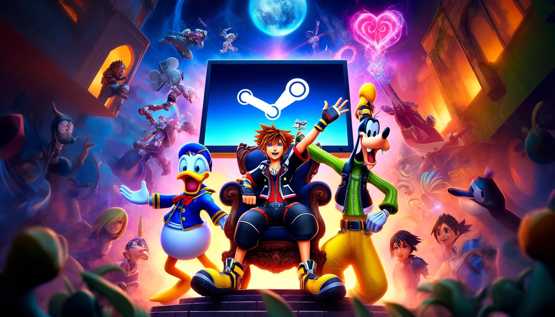 DALL·E 2024 05 21 01.25.00 A vibrant high energy scene featuring characters from the Kingdom Hearts series including Sora Donald and Goofy celebrating in front of a compute 1