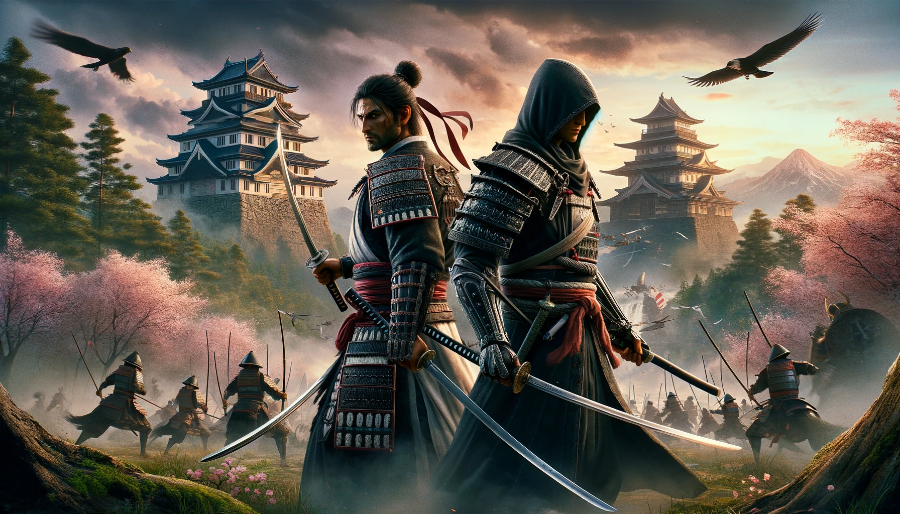DALL·E 2024 05 23 11.29.44 An epic scene from Assassins Creed Shadows featuring a samurai and a shinobi set in Sengoku era Japan. The samurai clad in traditional armor wield 1