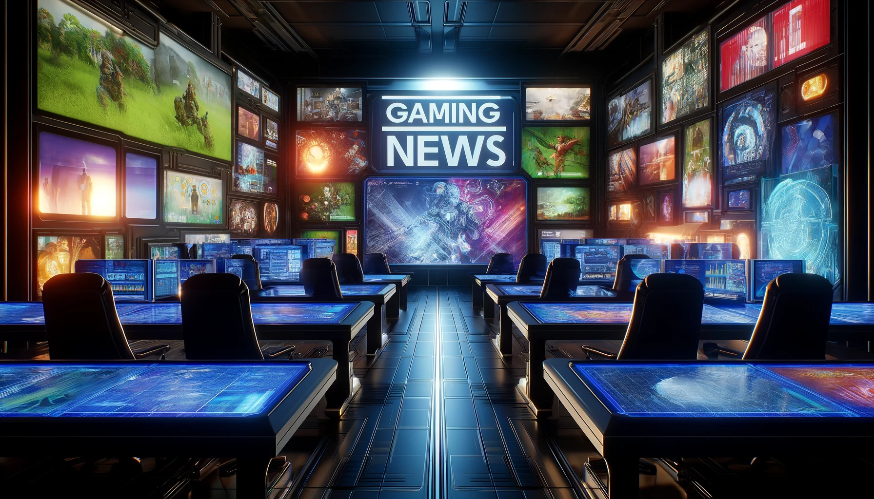 DALL·E 2024 05 23 11.54.50 A futuristic digital newsroom filled with multiple screens displaying various gaming news websites. Each screen is vivid and distinct showcasing diff 1