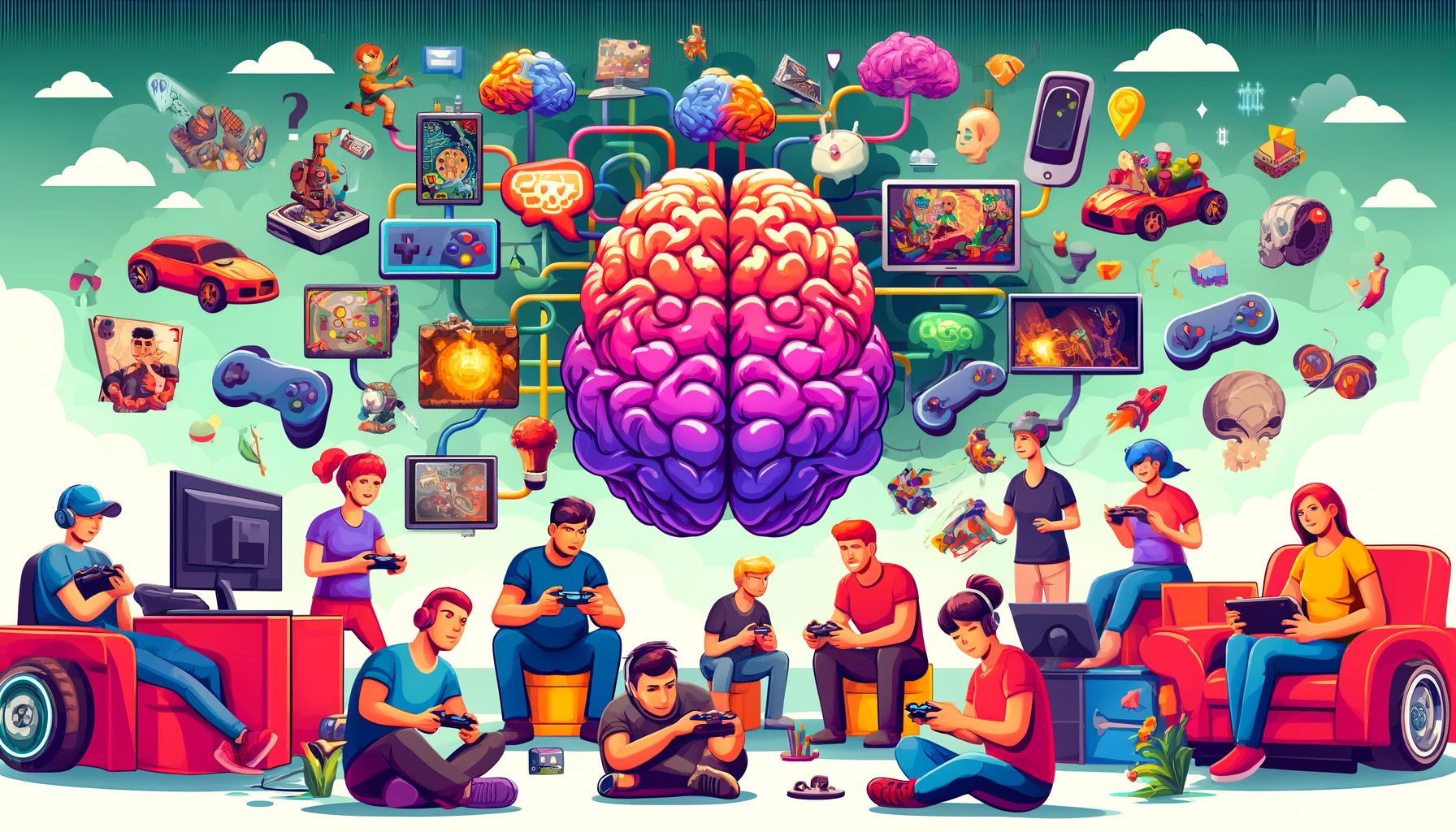 DALL·E 2024 05 24 02.55.06 A wide aspect ratio illustration of diverse gamers including kids and adults playing various video games on different devices. The scene is vibrant 1 1