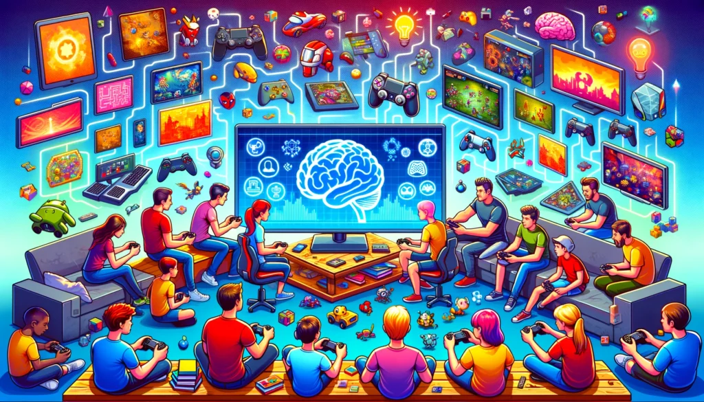 DALL·E 2024 05 24 02.55.09 A wide aspect ratio illustration of diverse gamers including kids and adults playing various video games on different devices. The scene is vibrant 1 1