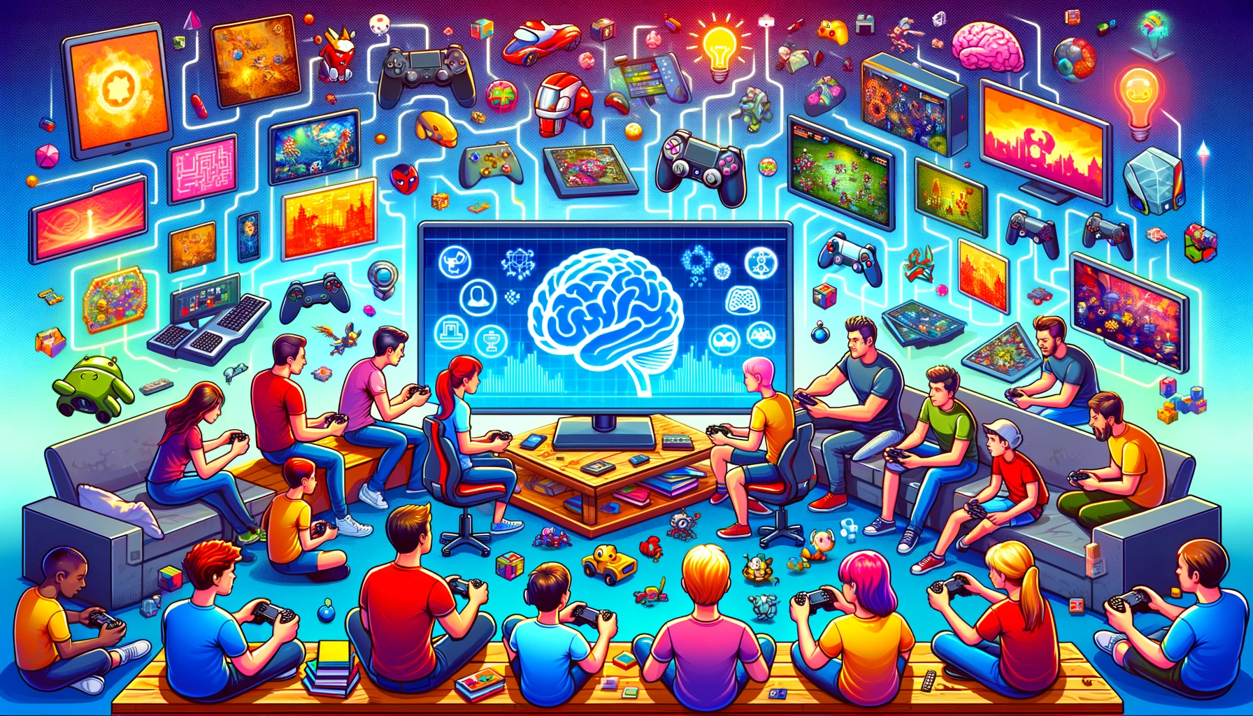 DALL·E 2024 05 24 02.55.09 A wide aspect ratio illustration of diverse gamers including kids and adults playing various video games on different devices. The scene is vibrant 1 1