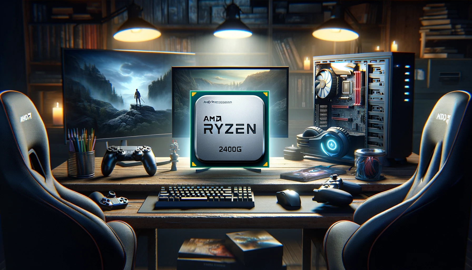DALL·E 2024 05 26 15.05.11 A detailed image of the AMD Ryzen 5 2400G processor at the center surrounded by gaming gear such as controllers and headsets. The background features 1