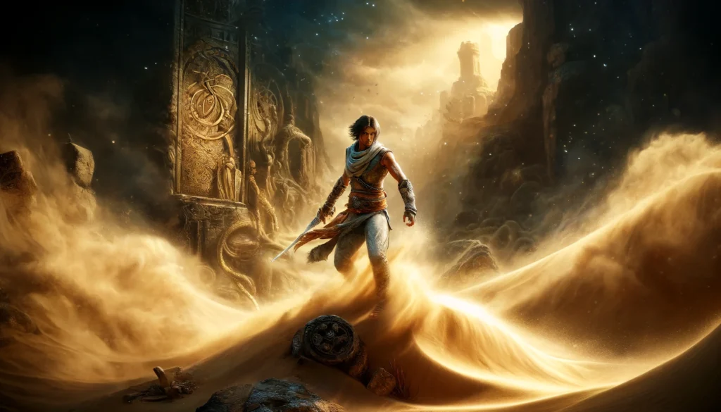 DALL·E 2024 06 10 21.55.36 A detailed scene showing the iconic character from Prince of Persia Sands of Time in a desert setting with ancient ruins and mystical sands swirling 1 1