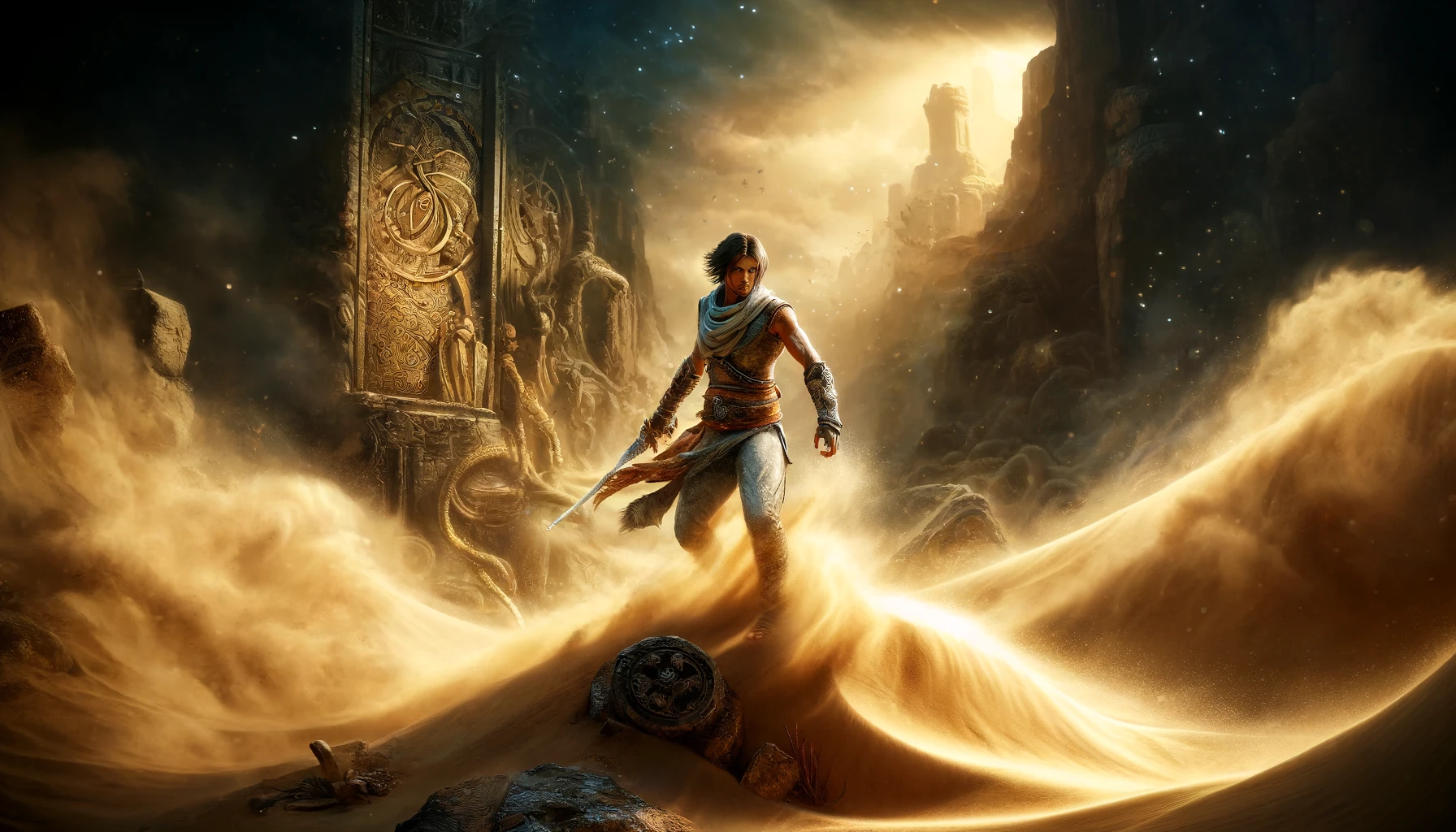 DALL·E 2024 06 10 21.55.36 A detailed scene showing the iconic character from Prince of Persia Sands of Time in a desert setting with ancient ruins and mystical sands swirling 1 1