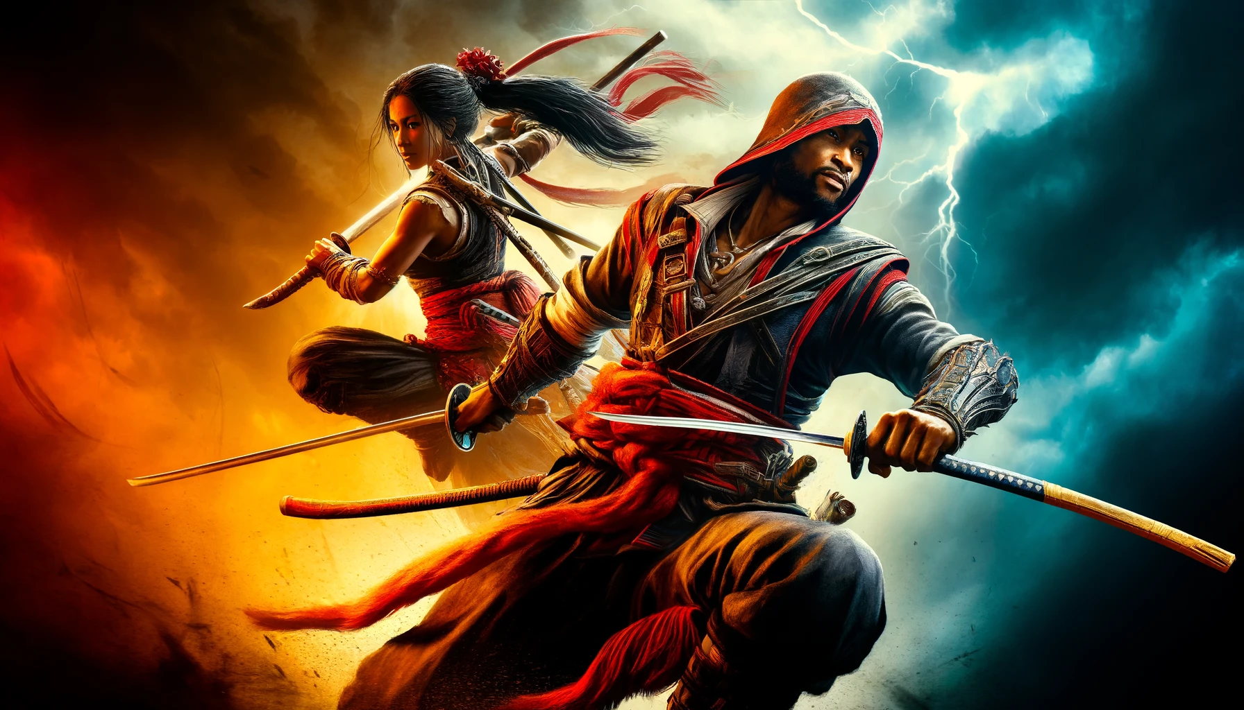DALL·E 2024 06 10 22.01.57 Create a more dynamic and intense image of Yasuke and Naoe from Assassins Creed Shadows. Yasuke the African samurai should be depicted in action m 1