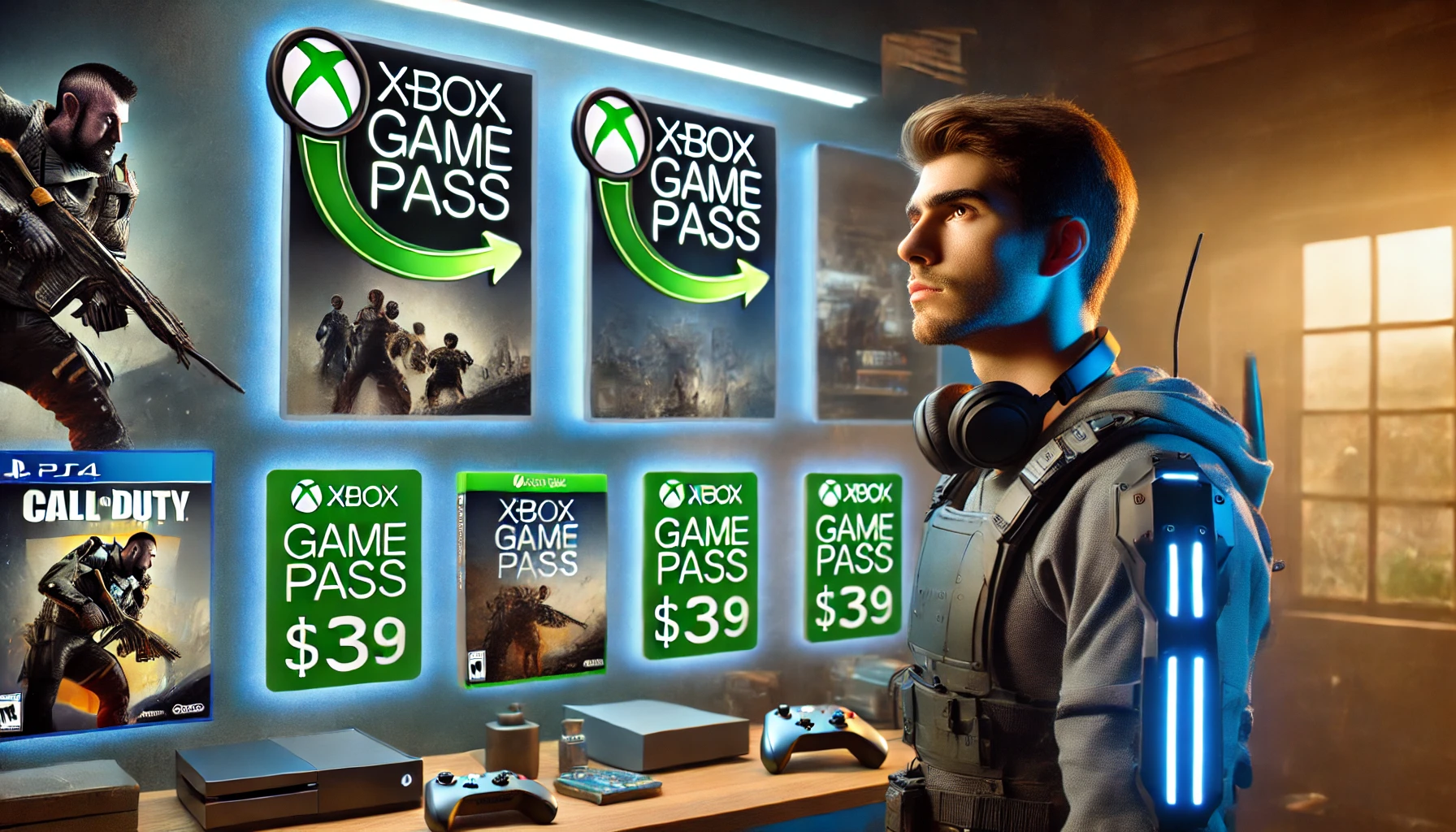 DALL·E 2024 07 11 00.37.55 A gamer looking at a screen with Xbox Game Pass logos and price tags highlighting the changes in the subscription tiers. The background includes Xbox 1