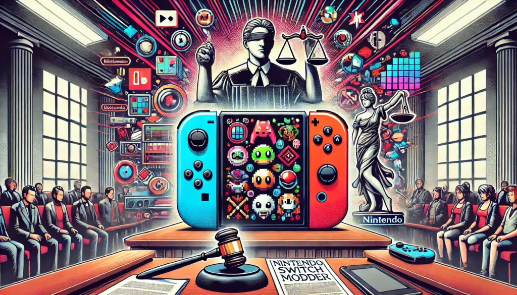 DALL·E 2024 10 09 01.01.42 A wide aspect ratio thumbnail for a blog post about the Nintendo Switch modder court case. The image features a stylized Nintendo Switch console with 1 1