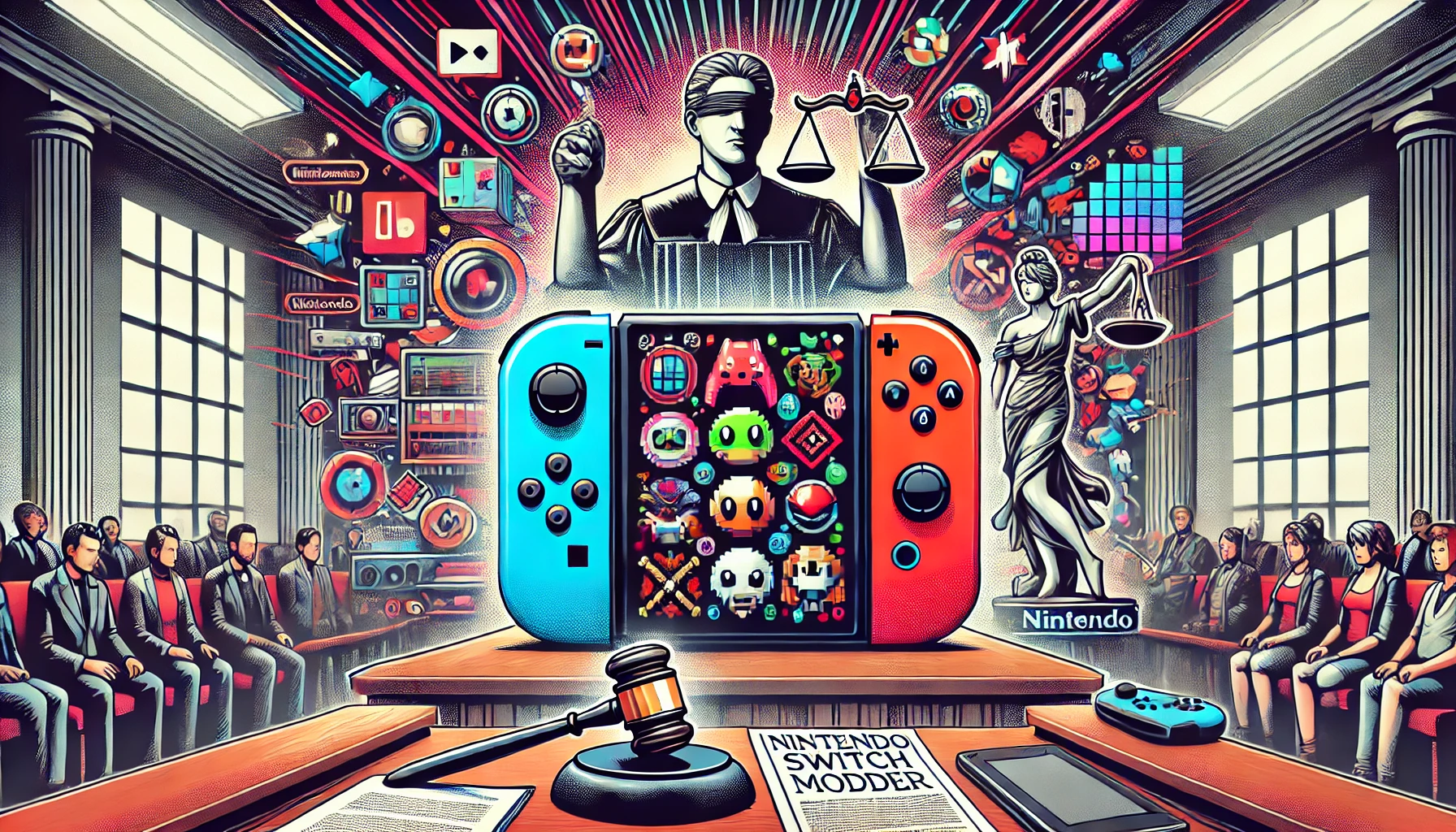DALL·E 2024 10 09 01.01.42 A wide aspect ratio thumbnail for a blog post about the Nintendo Switch modder court case. The image features a stylized Nintendo Switch console with 1 1
