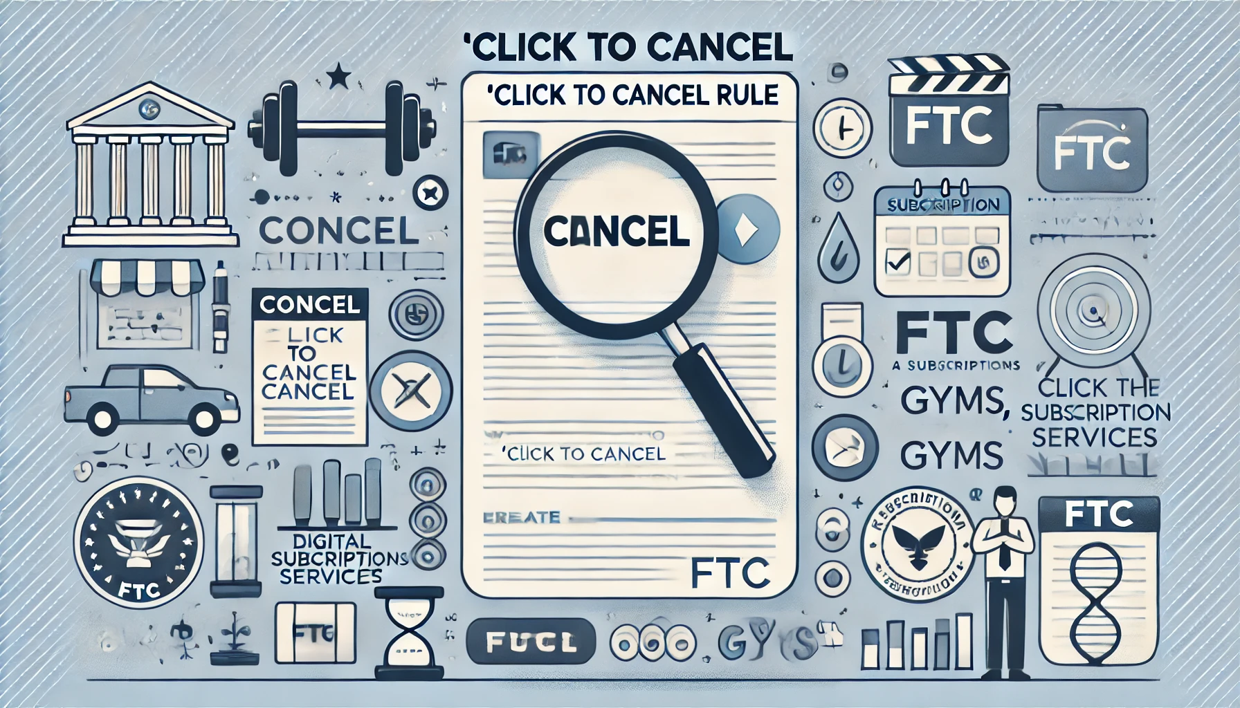 DALL·E 2024 10 17 00.23.19 Create a wide aspect ratio thumbnail image illustrating the FTCs Click to Cancel rule. The thumbnail should feature elements like a cancel button 1 1